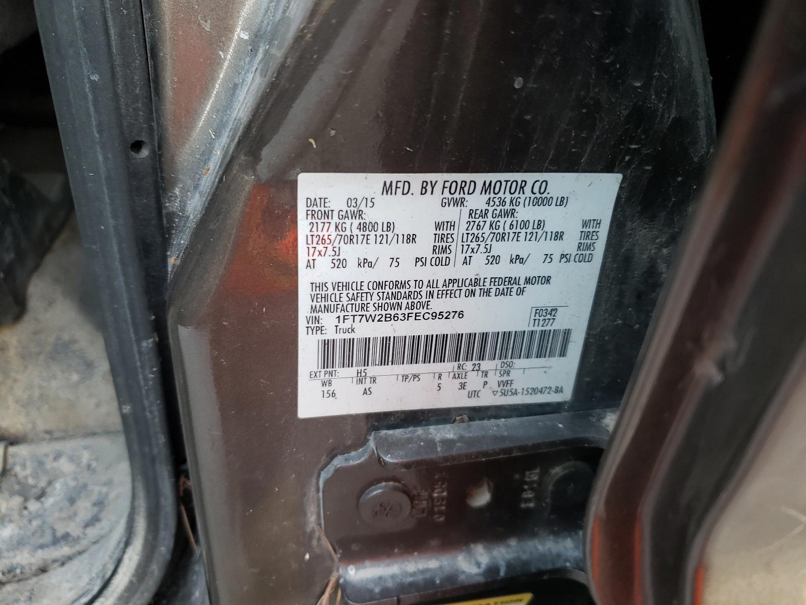 Photo 10 from auction – 2015 FORD F250 SUPER with VIN 1FT7W2B63FEC95276
