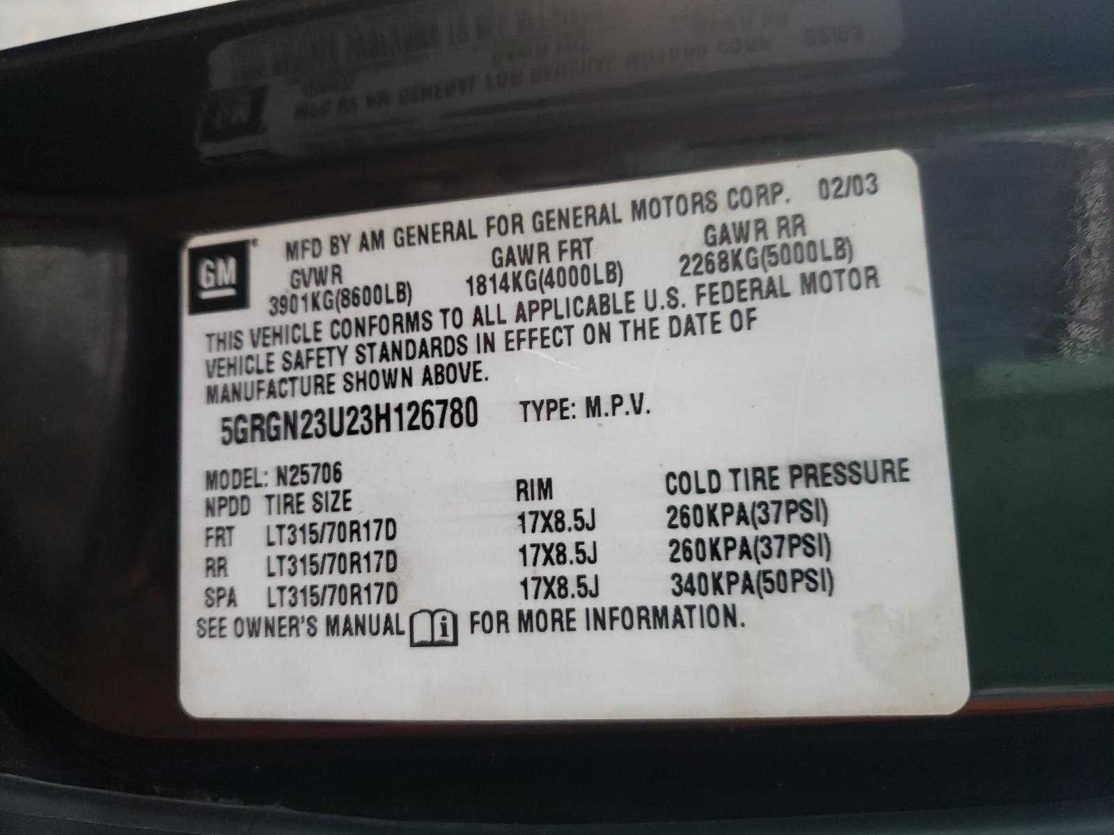 Photo 10 from auction – 2003 HUMMER H2 with VIN 5GRGN23U23H126780