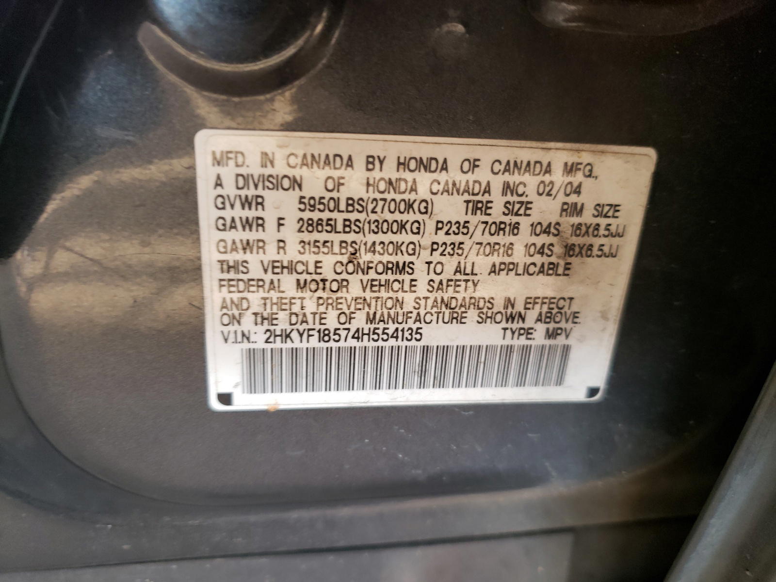 Photo 10 from auction – 2004 HONDA PILOT EXL with VIN 2HKYF18574H554135
