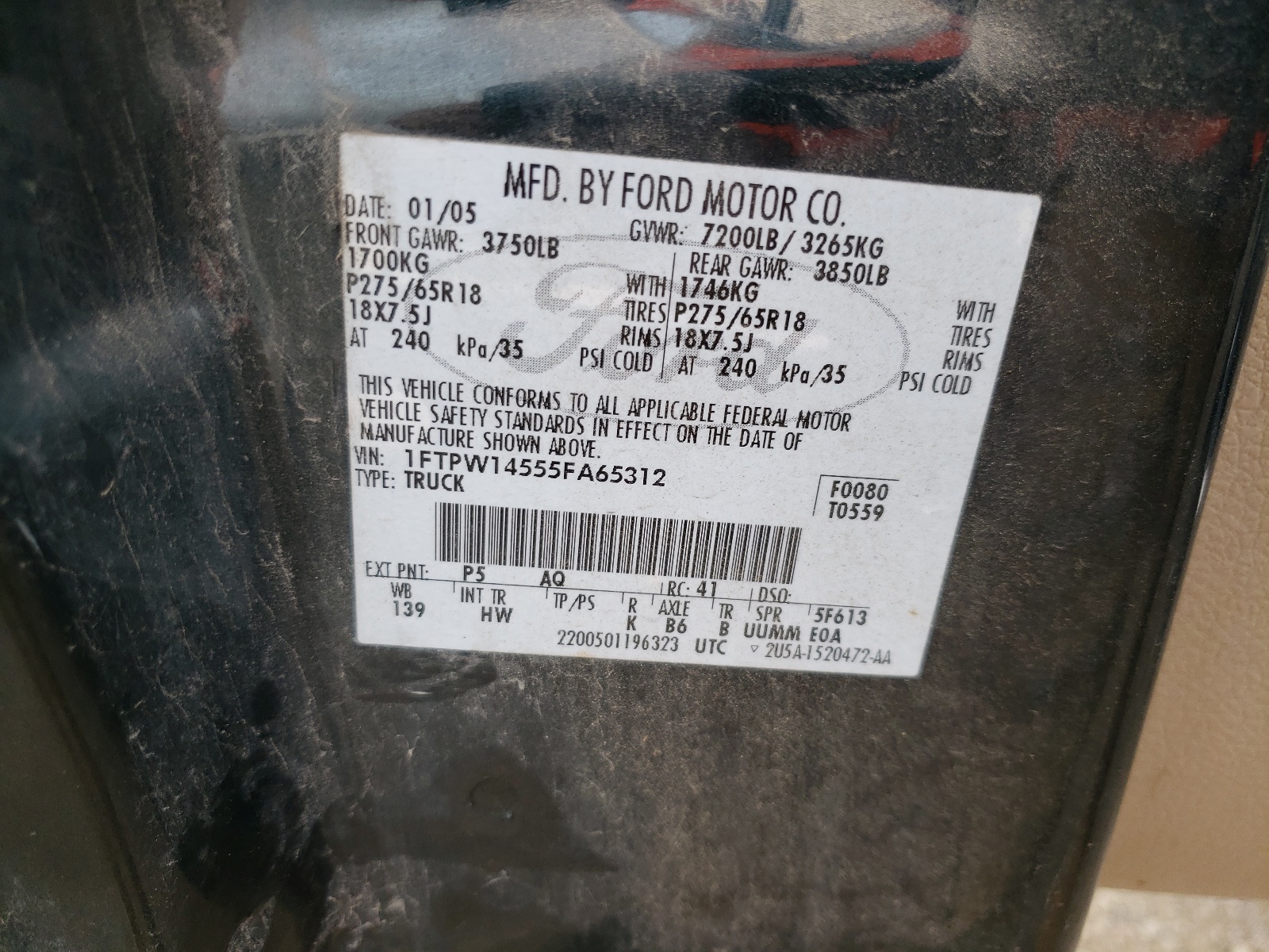 Photo 10 from auction – 2005 FORD F150 SUPER with VIN 1FTPW14555FA65312