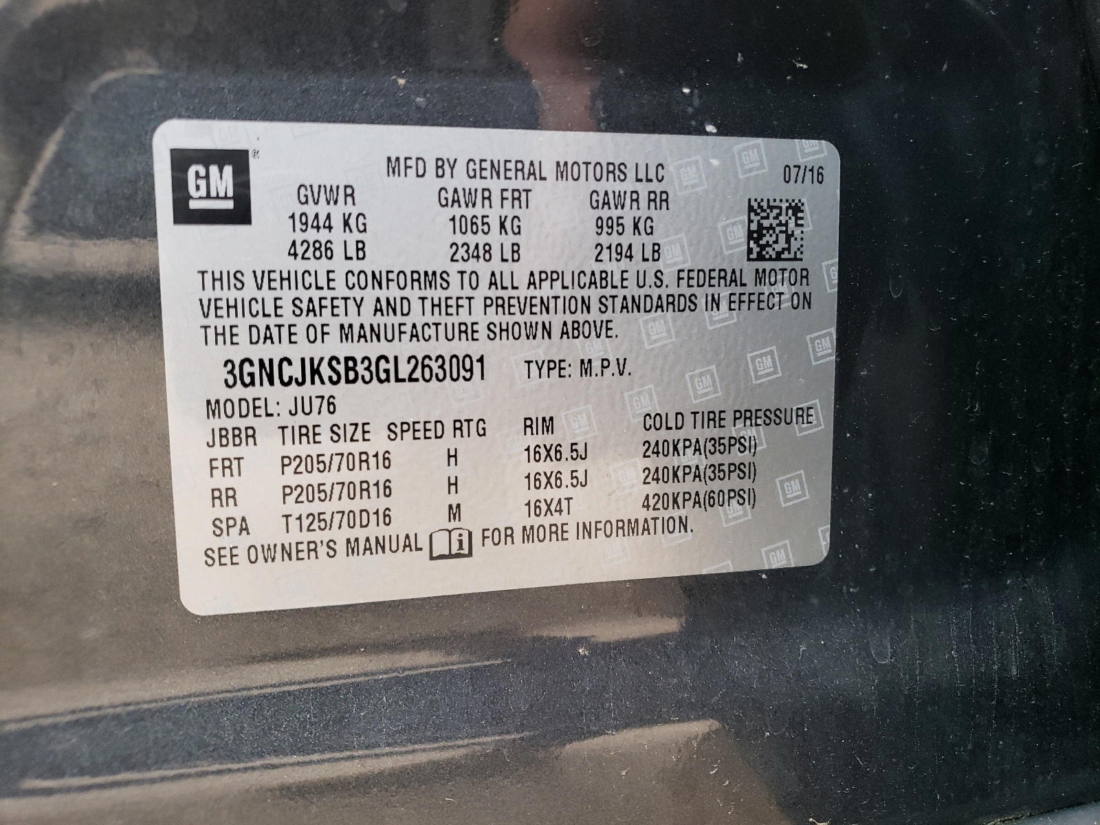 Photo 10 from auction – 2016 CHEVROLET TRAX LS with VIN 3GNCJKSB3GL263091