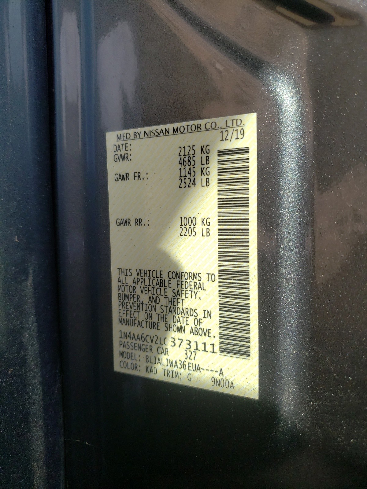 Photo 10 from auction – 2020 NISSAN MAXIMA SV with VIN 1N4AA6CV2LC373111