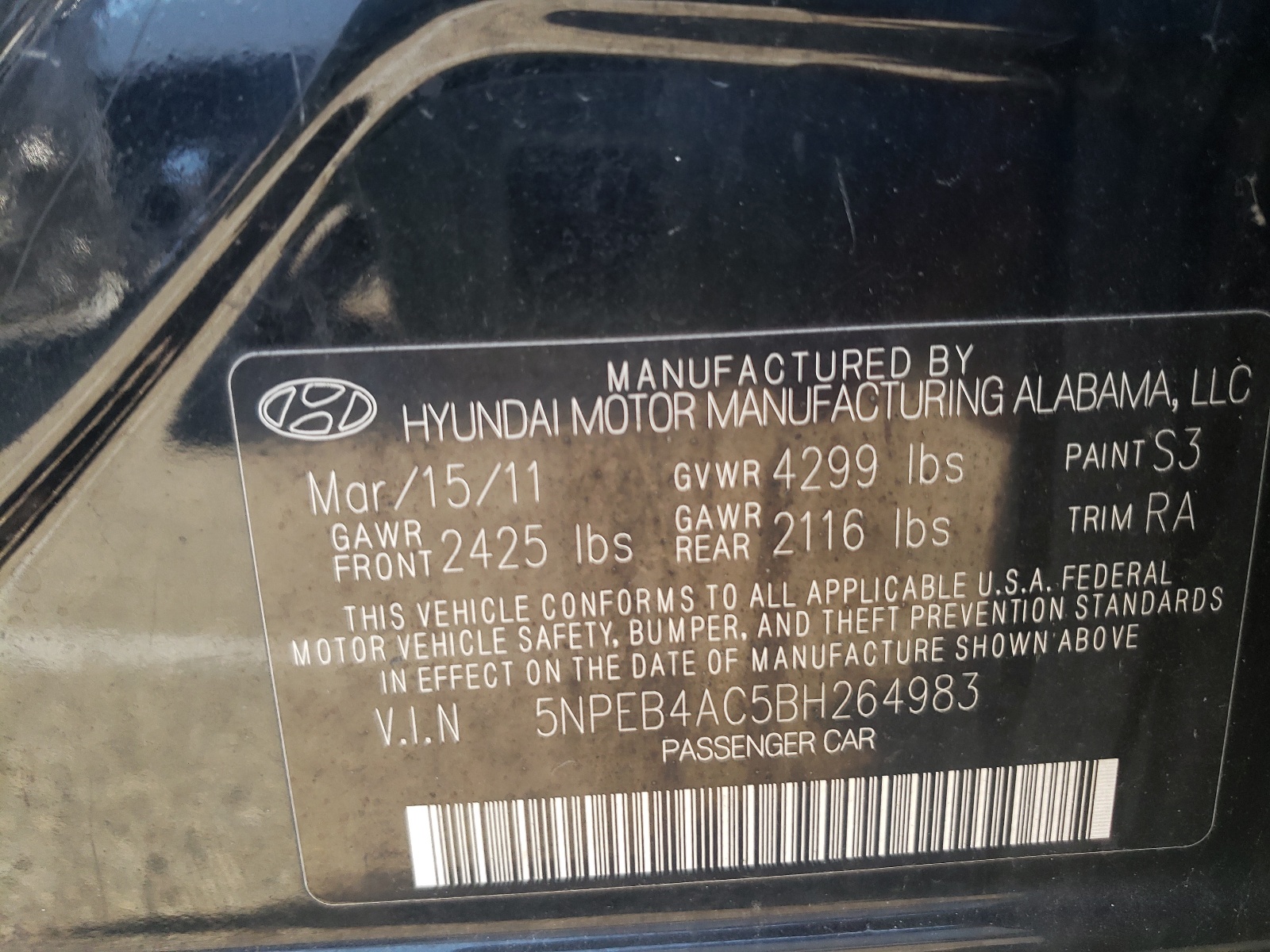 Photo 10 from auction – 2011 HYUNDAI SONATA GLS with VIN 5NPEB4AC5BH264983