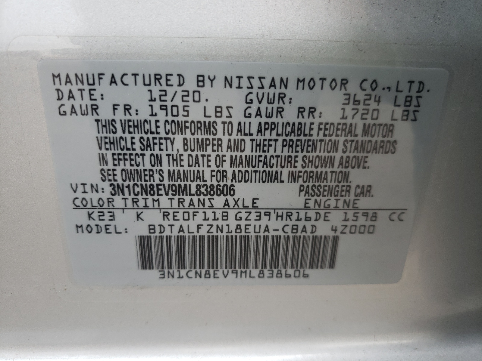 Photo 10 from auction – 2021 NISSAN VERSA SV with VIN 3N1CN8EV9ML838606