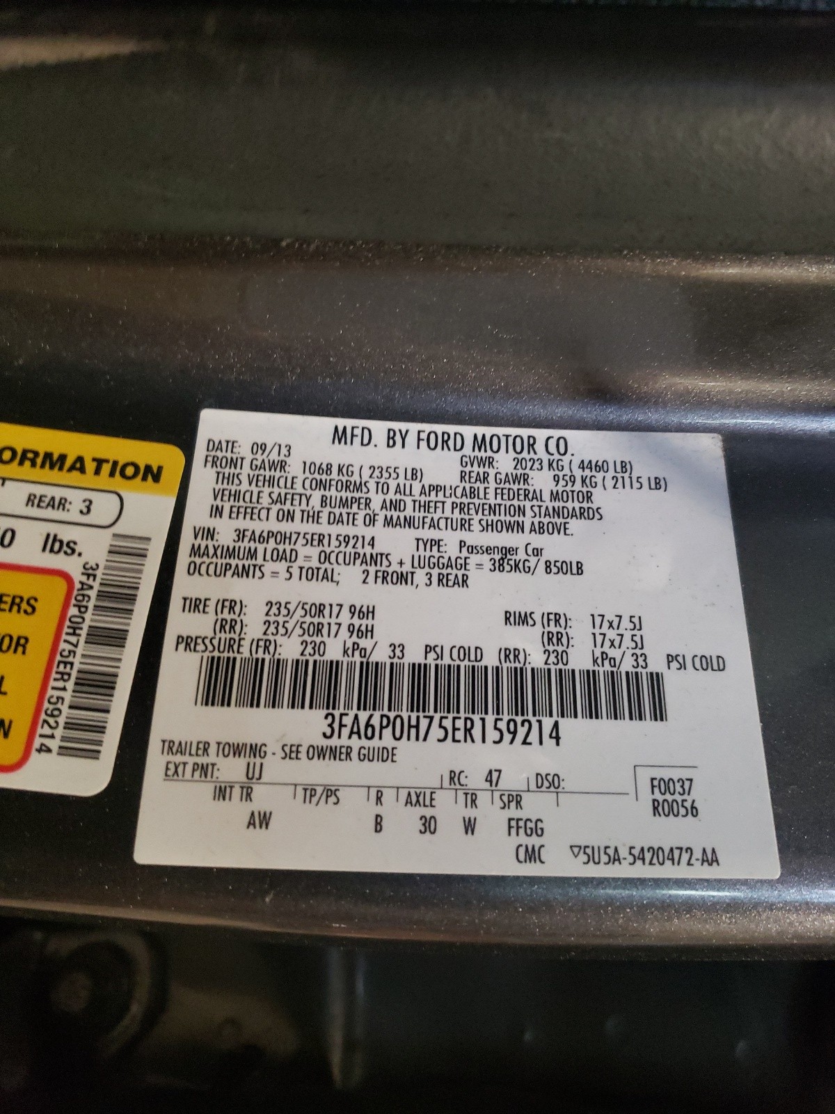 Photo 10 from auction – 2014 FORD FUSION SE with VIN 3FA6P0H75ER159214