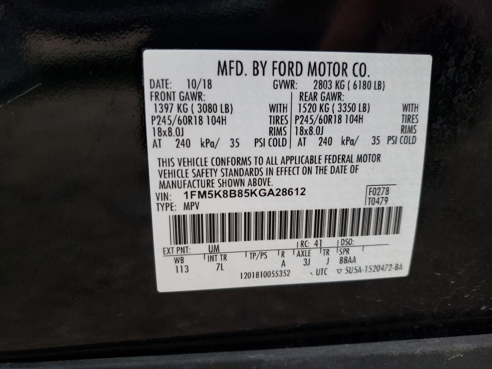 Photo 10 from auction – 2019 FORD EXPLORER with VIN 1FM5K8B85KGA28612