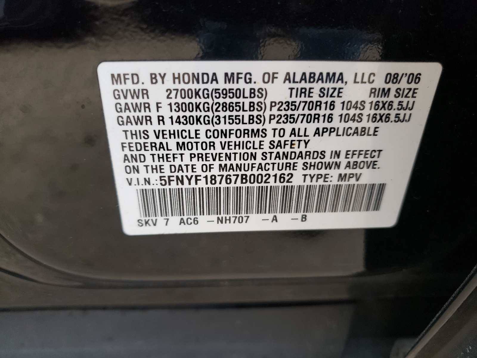 Foto 10 de la subasta – 2007 HONDA PILOT EXL con VIN 5FNYF18767B002162