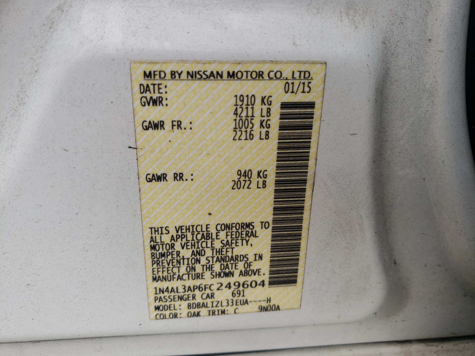 Photo 10 from auction – 2015 NISSAN ALTIMA 2.5 with VIN 1N4AL3AP6FC249604