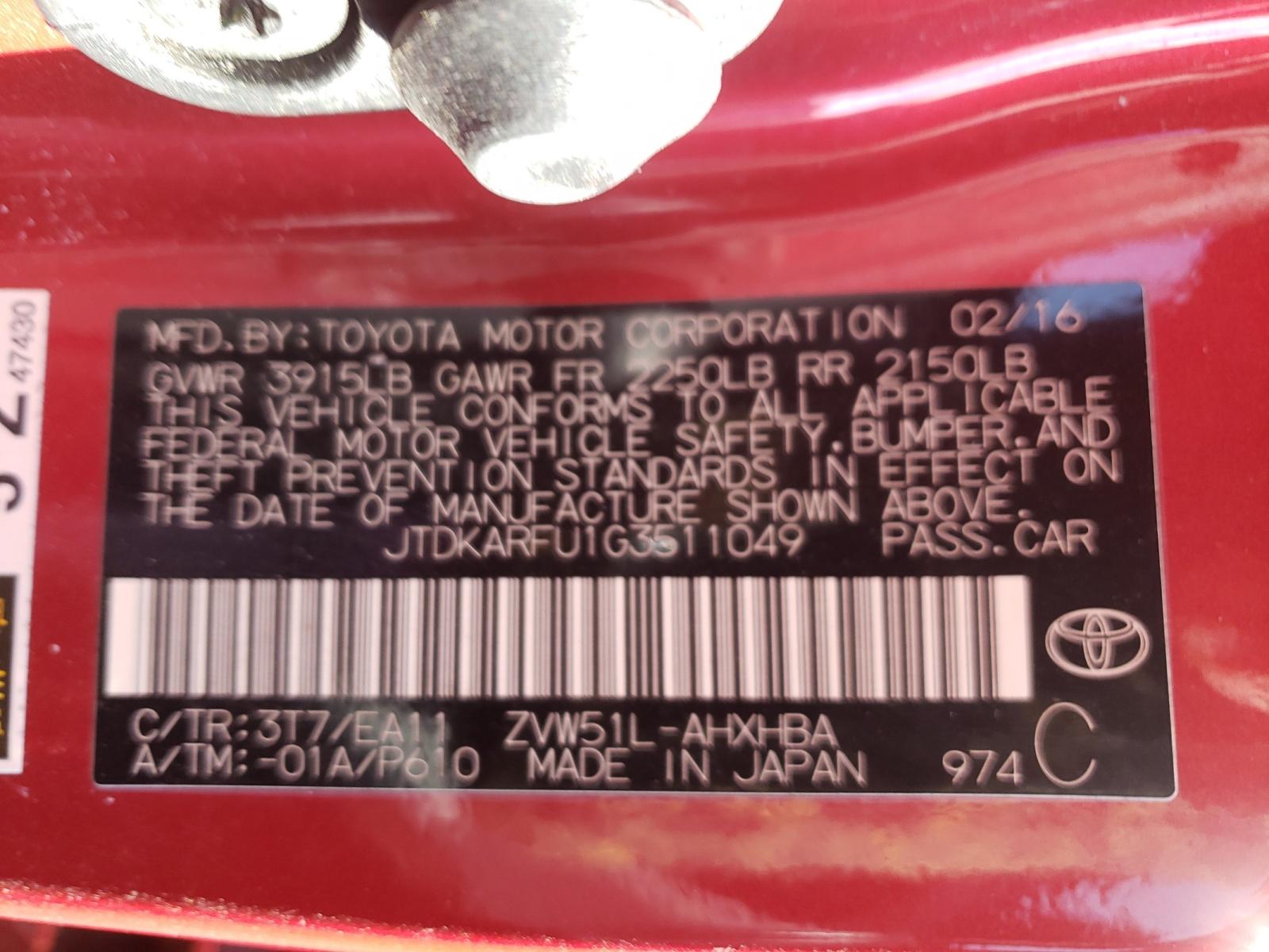 Photo 10 from auction – 2016 TOYOTA PRIUS with VIN JTDKARFU1G3511049