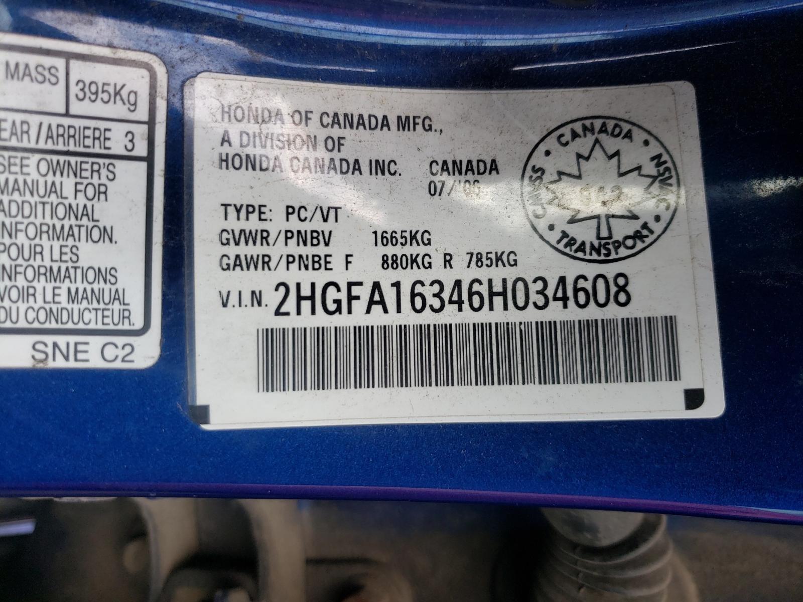 Photo 10 from auction – 2006 HONDA CIVIC DX V with VIN 2HGFA16346H034608