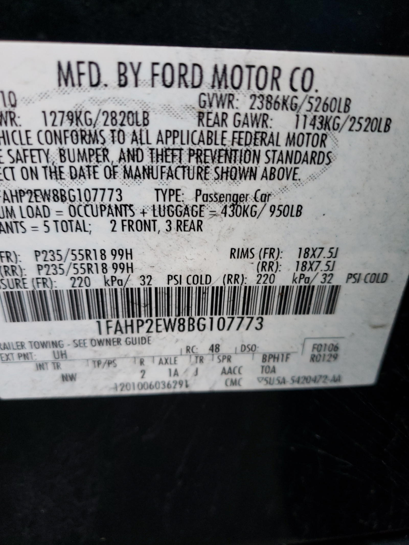 Photo 10 from auction – 2011 FORD TAURUS with VIN 1FAHP2EW8BG107773