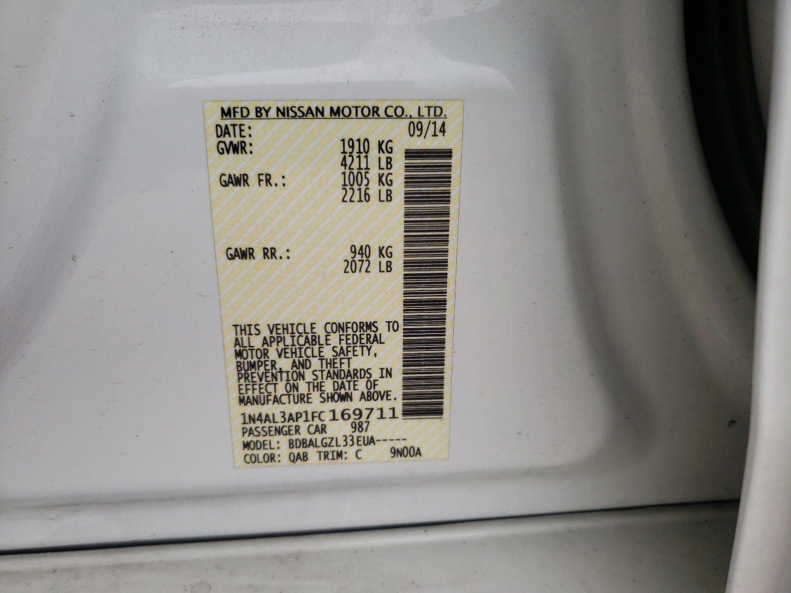 Photo 10 from auction – 2015 NISSAN ALTIMA with VIN 1N4AL3AP1FC169711