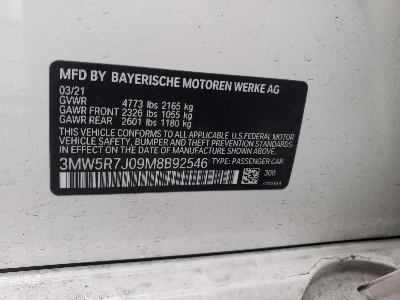 Photo 10 from auction – 2021 BMW 330XI with VIN 3MW5R7J09M8B92546
