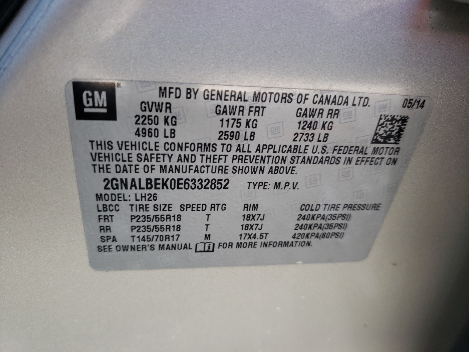 Photo 10 from auction – 2014 CHEVROLET EQUINOX LT with VIN 2GNALBEK0E6332852