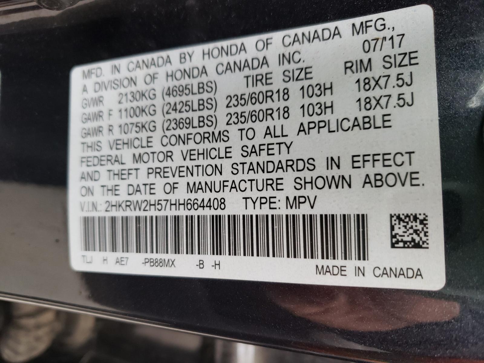Photo 10 from auction – 2017 HONDA CR-V EX with VIN 2HKRW2H57HH664408