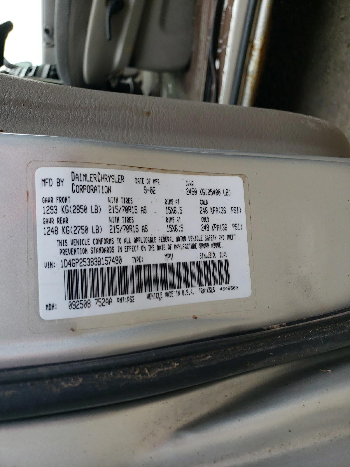 Photo 10 from auction – 2003 DODGE CARAVAN SE with VIN 1D4GP25383B157490