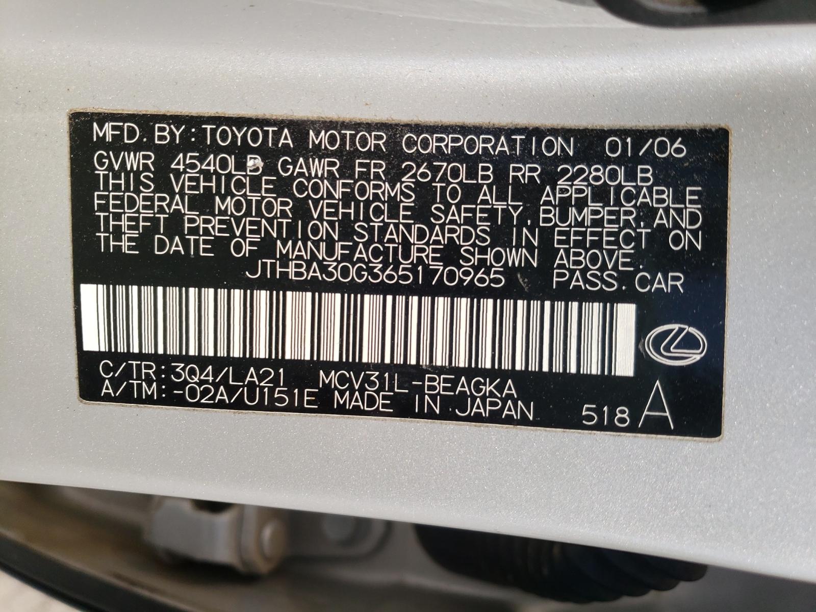 Photo 10 from auction – 2006 LEXUS ES 330 with VIN JTHBA30G365170965