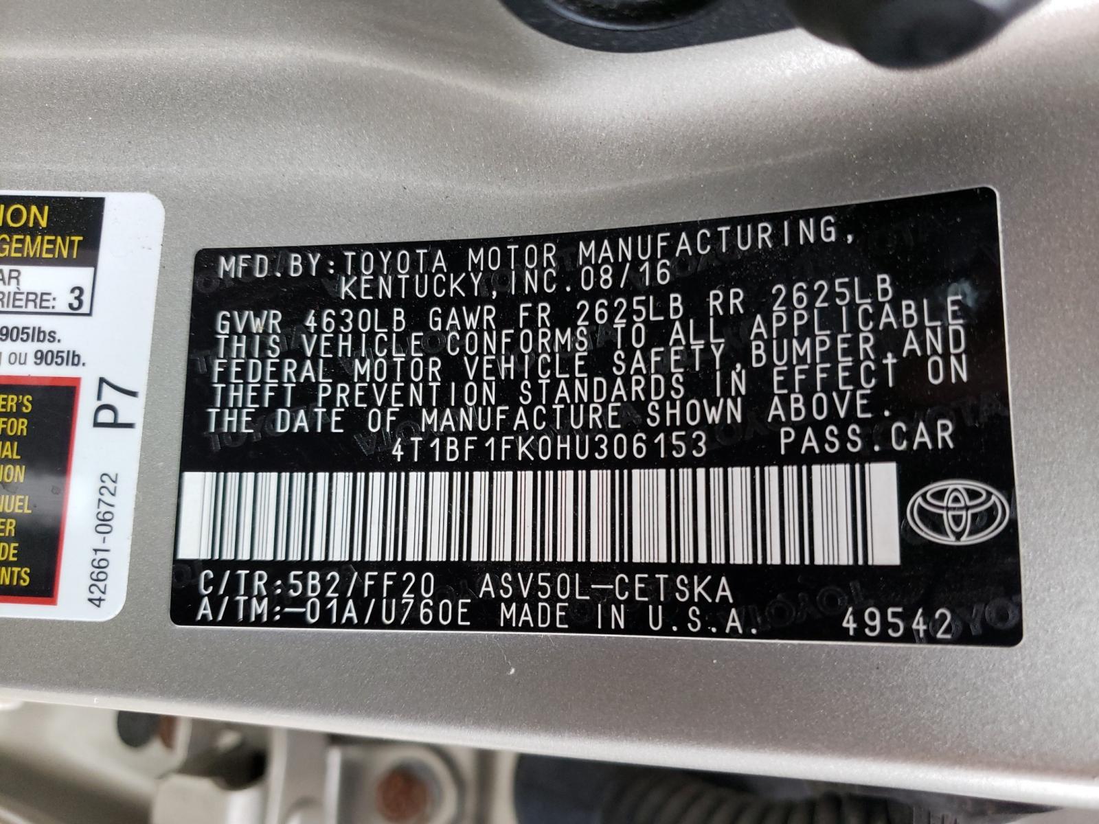 Photo 10 from auction – 2017 TOYOTA CAMRY LE with VIN 4T1BF1FK0HU306153