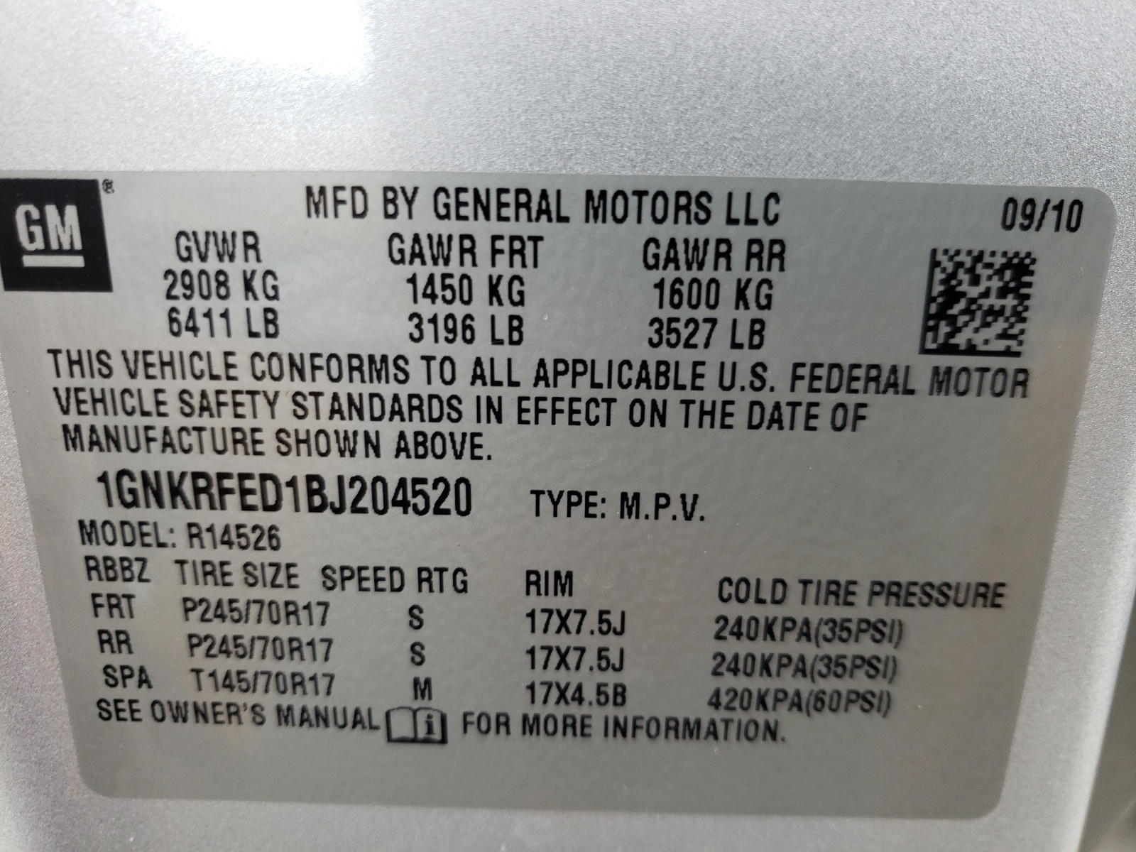 Photo 10 from auction – 2011 CHEVROLET TRAVERSE L with VIN 1GNKRFED1BJ204520
