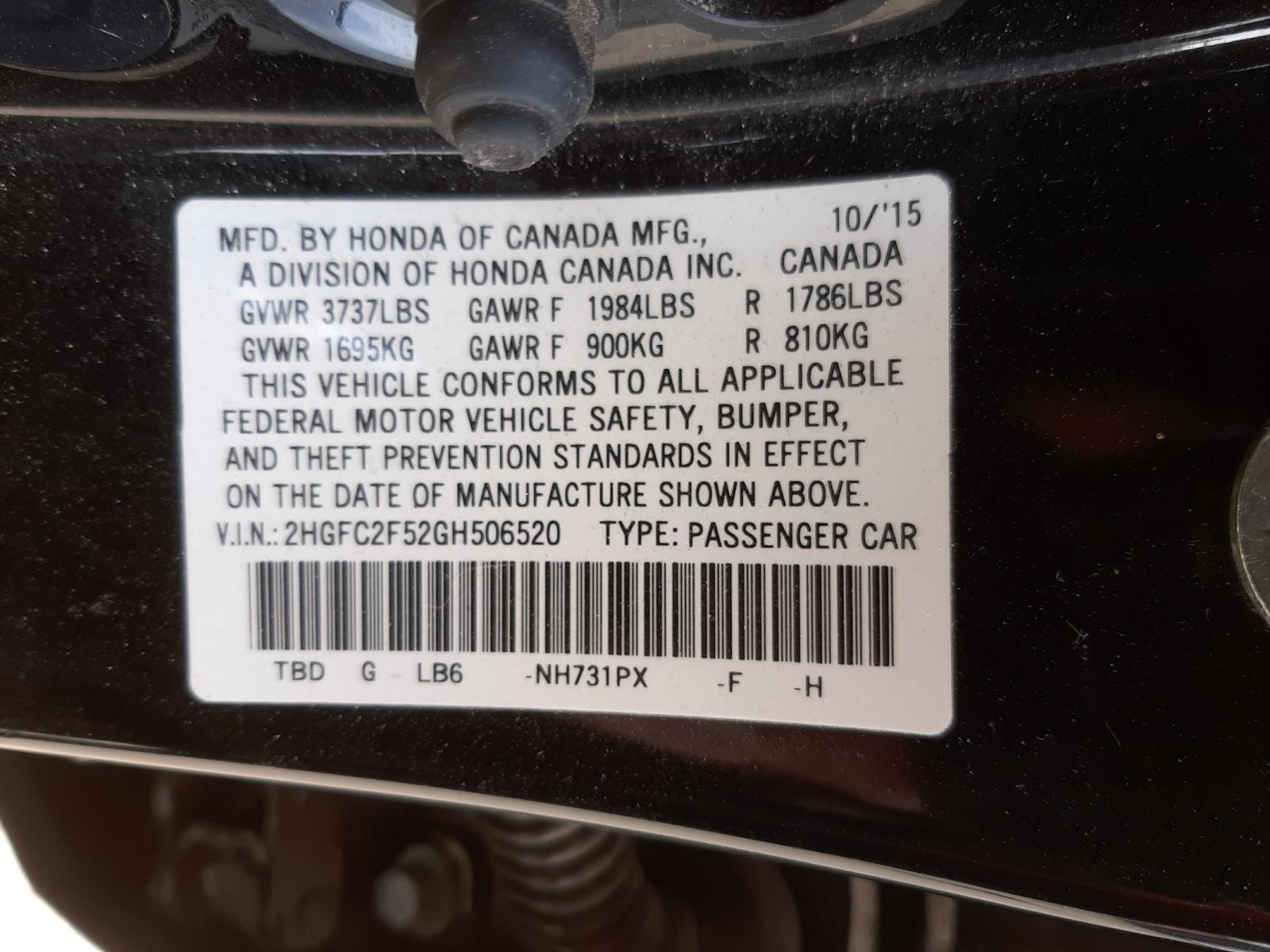 Photo 10 from auction – 2016 HONDA CIVIC LX with VIN 2HGFC2F52GH506520