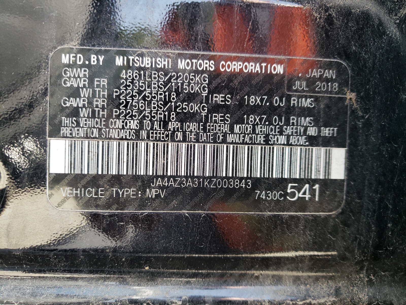 Photo 10 from auction – 2019 MITSUBISHI OUTLANDER with VIN JA4AZ3A31KZ003843