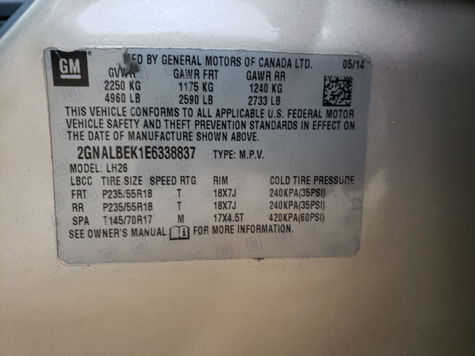 Photo 10 from auction – 2014 CHEVROLET EQUINOX LT with VIN 2GNALBEK1E6338836