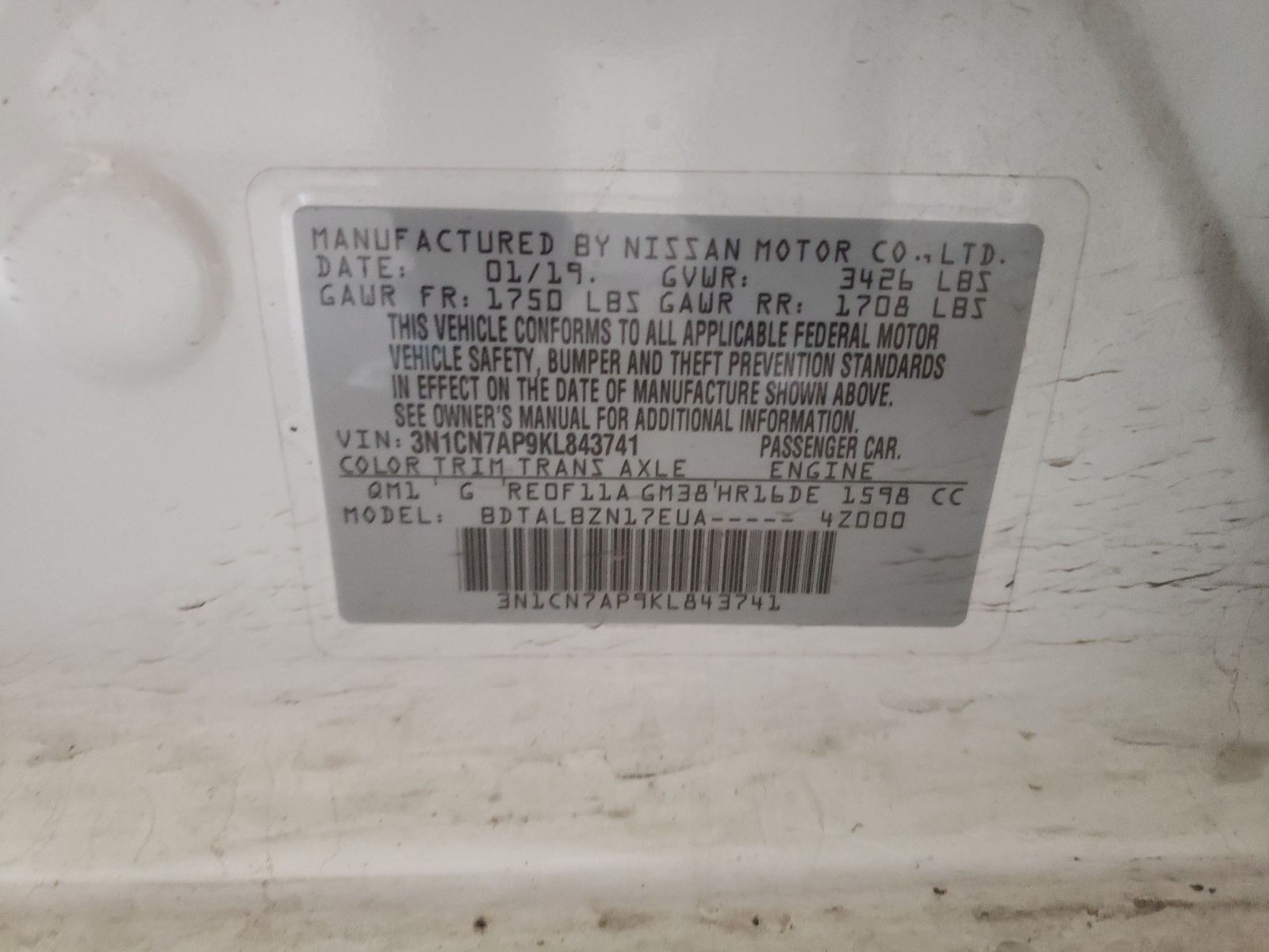 Photo 10 from auction – 2019 NISSAN VERSA S with VIN 3N1CN7AP9KL843741