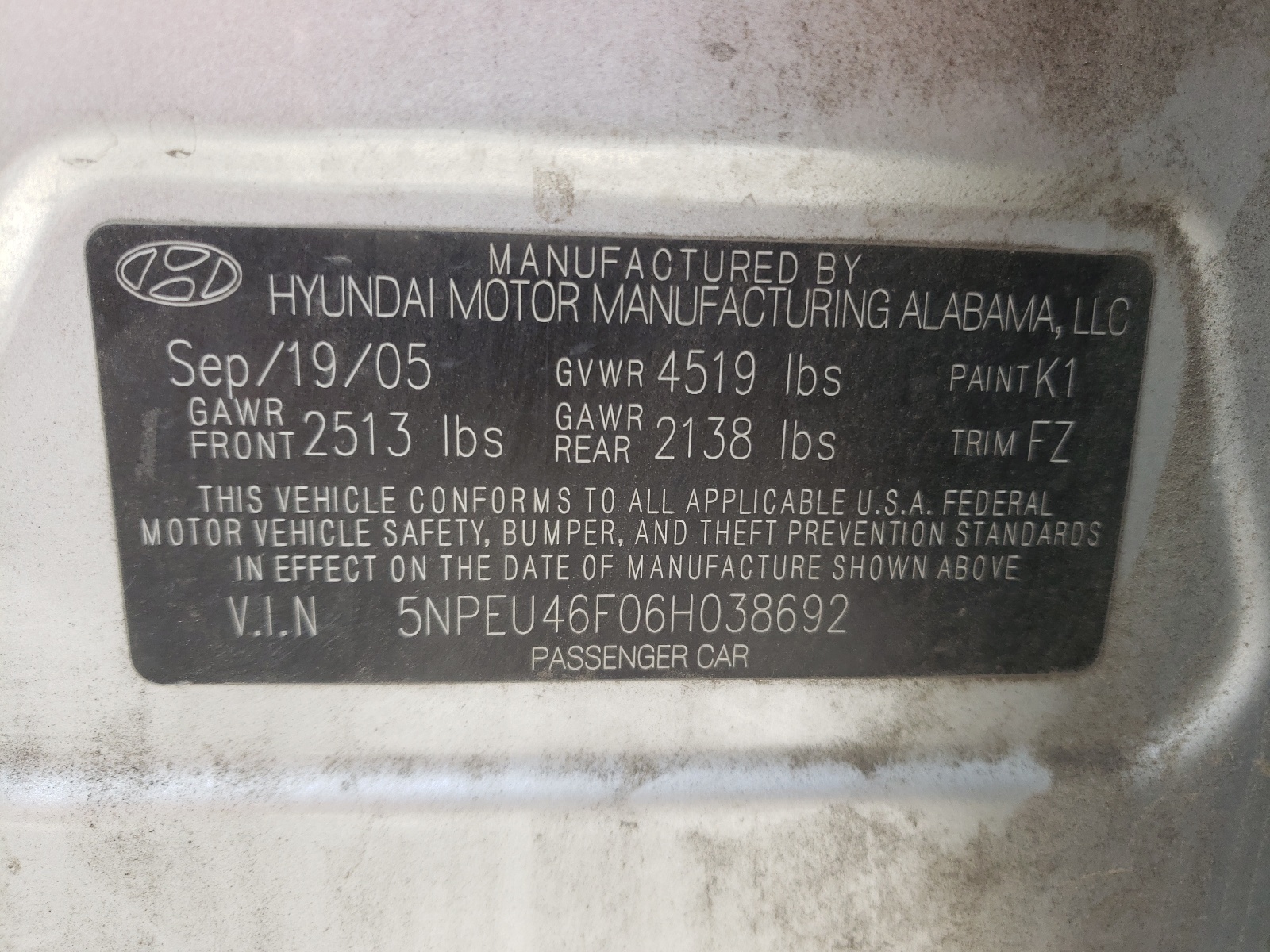 Photo 10 from auction – 2006 HYUNDAI SONATA GLS with VIN 5NPEU46F06H038692