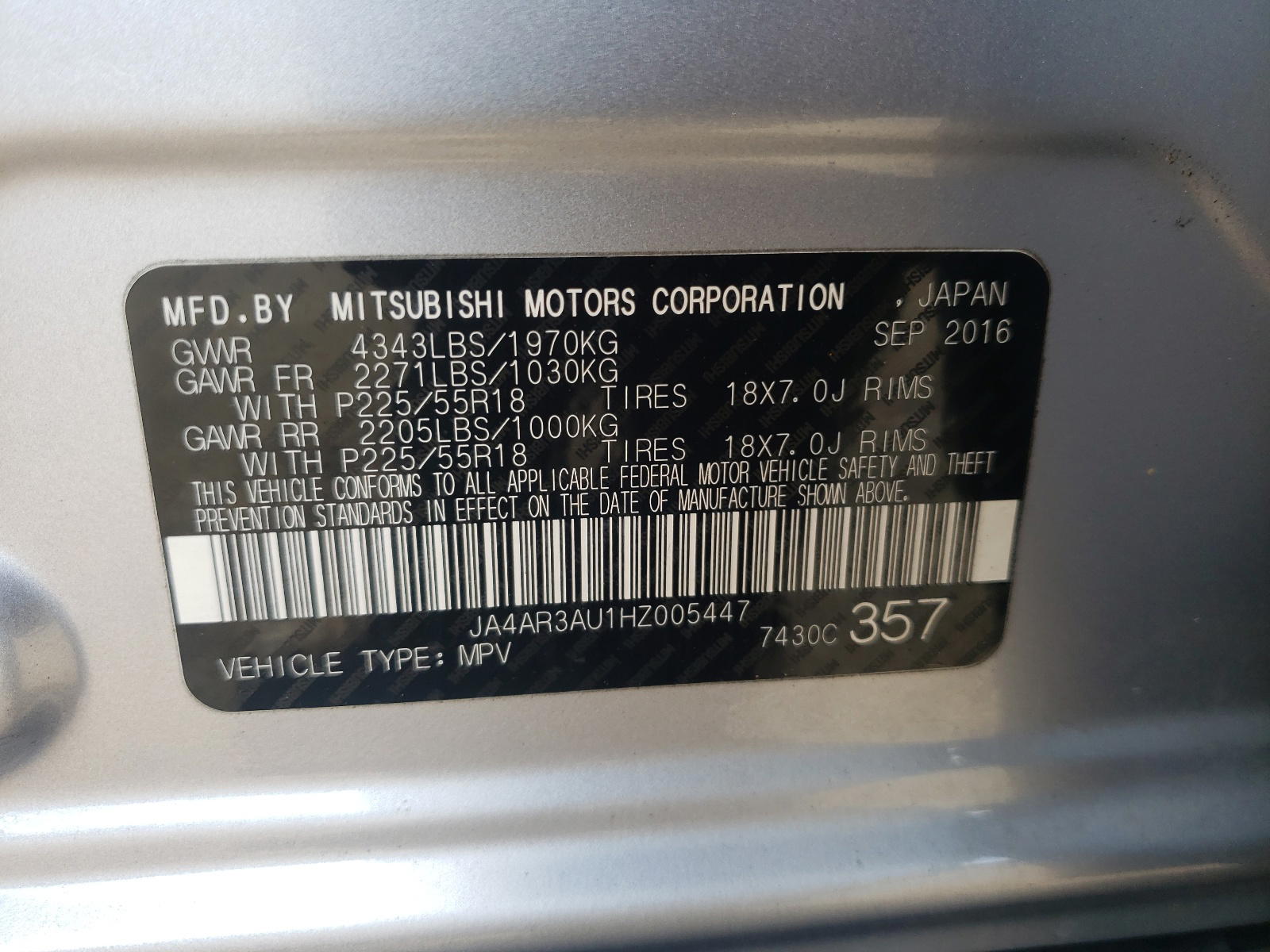 Photo 10 from auction – 2017 MITSUBISHI OUTLANDER with VIN JA4AR3AU1HZ005447