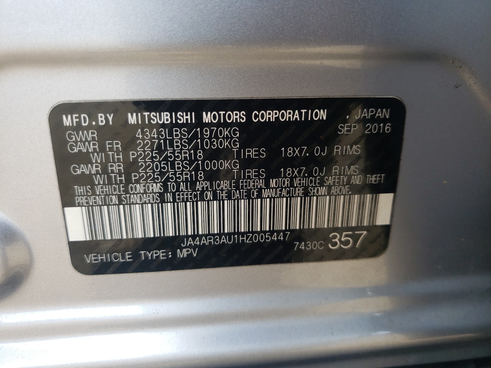 Foto 10 de la subasta – 2017 MITSUBISHI OUTLANDER con VIN JA4AR3AU1HZ005447