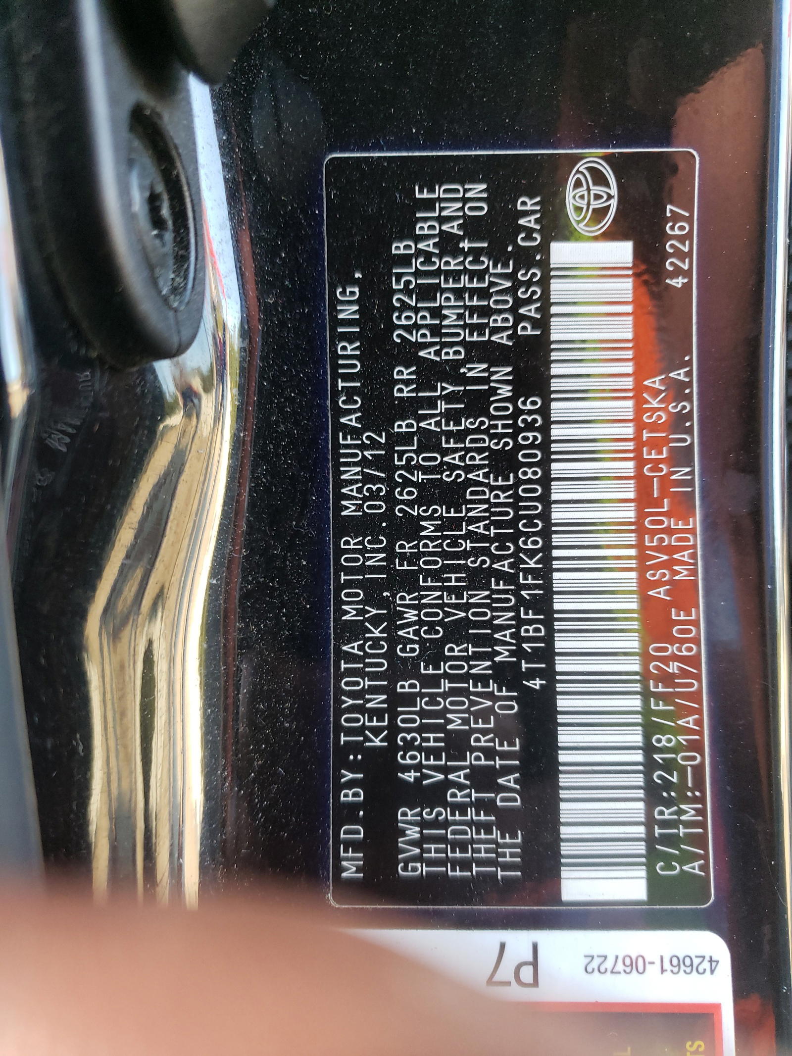 Photo 10 from auction – 2012 TOYOTA CAMRY BASE with VIN 4T1BF1FK6CU080936