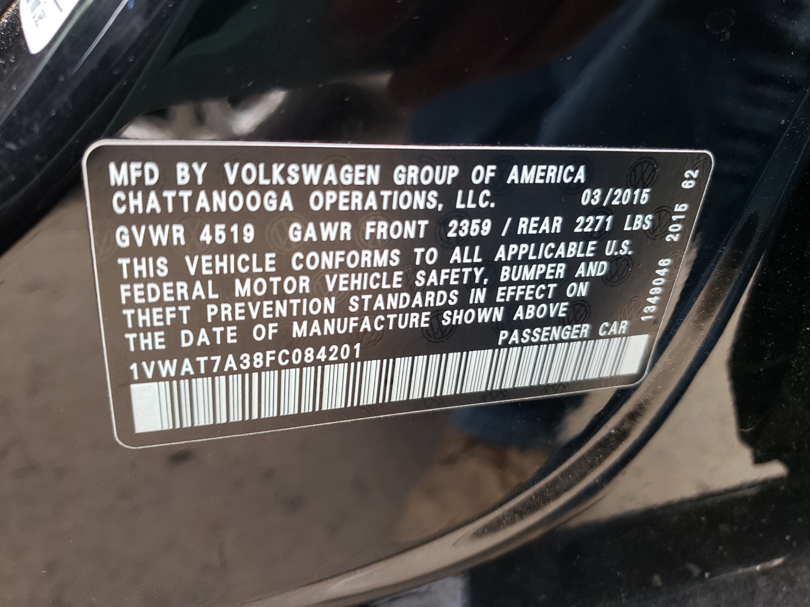 Photo 10 from auction – 2015 VOLKSWAGEN PASSAT S with VIN 1VWAT7A38FC084201