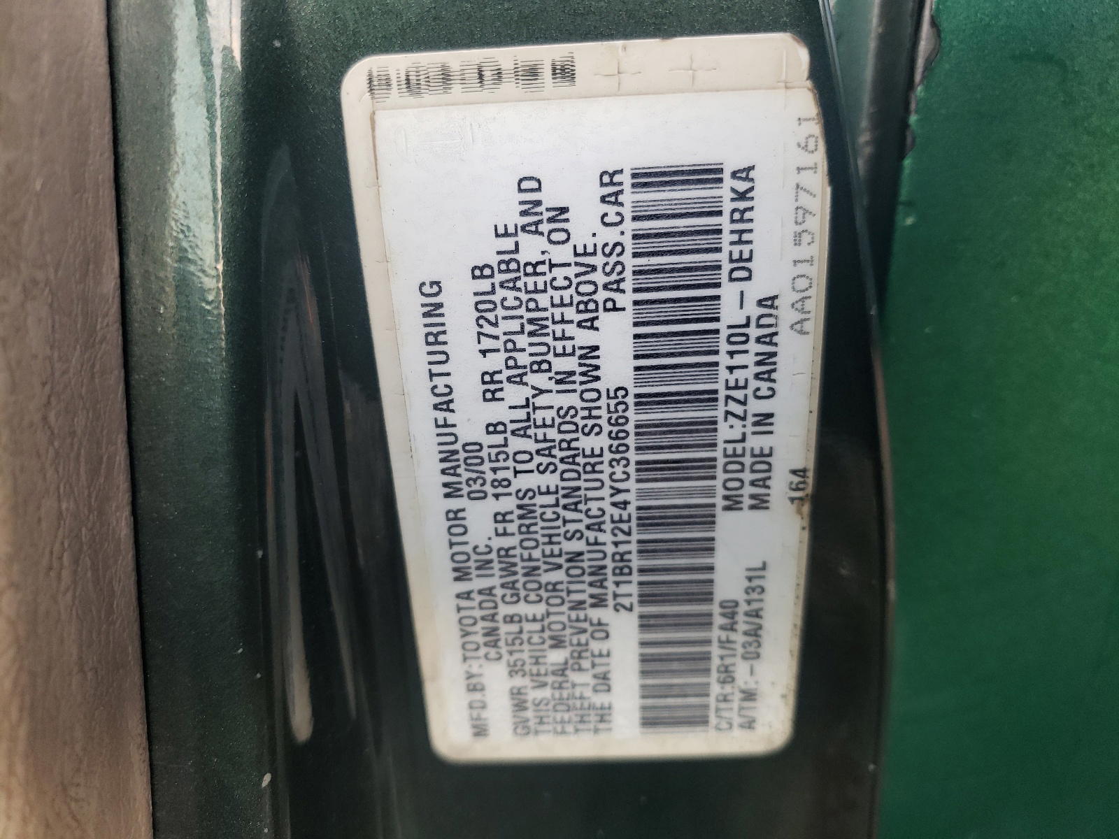 Photo 10 from auction – 2000 TOYOTA COROLLA VE with VIN 2T1BR12E4YC366655