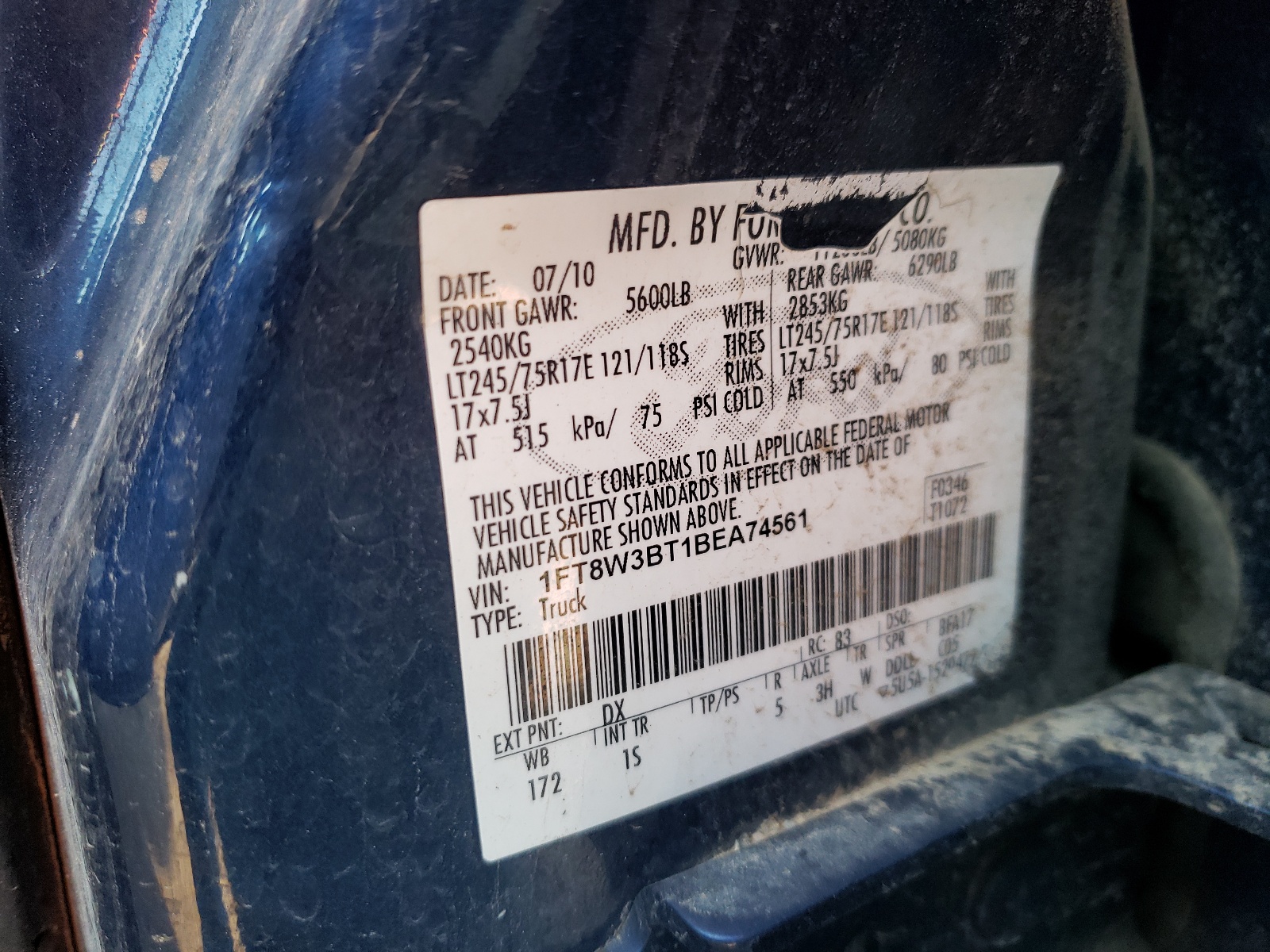 Photo 10 from auction – 2011 FORD F350 SUPER with VIN 1FT8W3BT1BEA74561