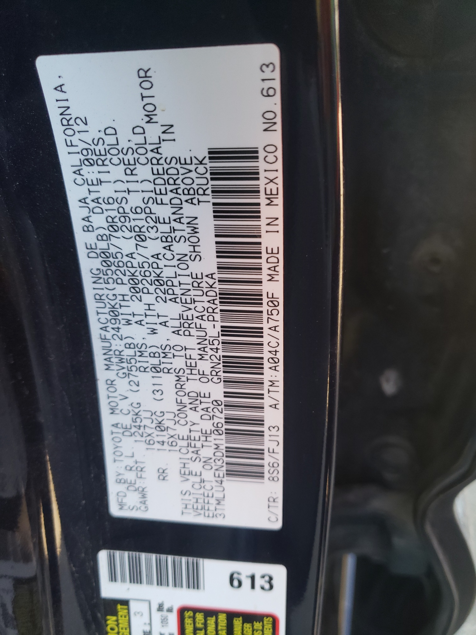 Photo 10 from auction – 2013 TOYOTA TACOMA DOU with VIN 3TMLU4EN3DM106720
