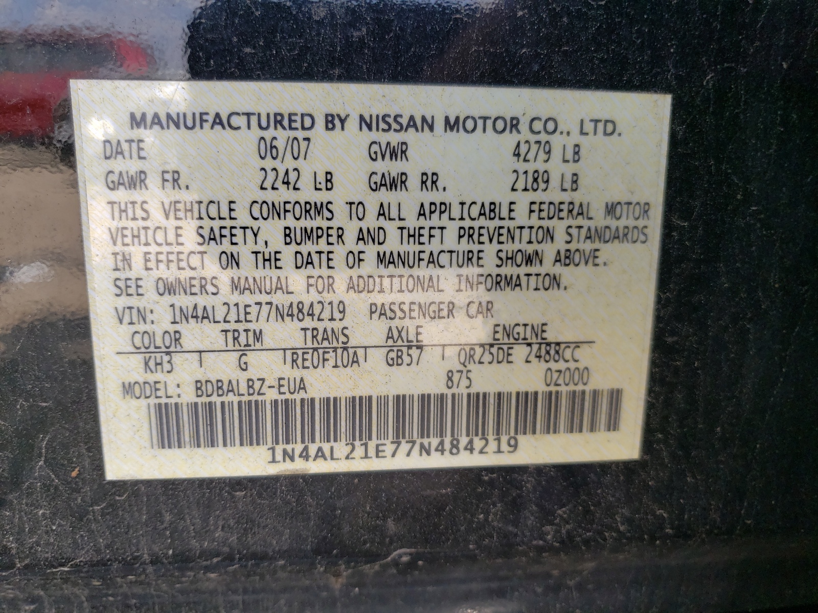 Photo 10 from auction – 2007 NISSAN ALTIMA 2.5 with VIN 1N4AL21E77N484219