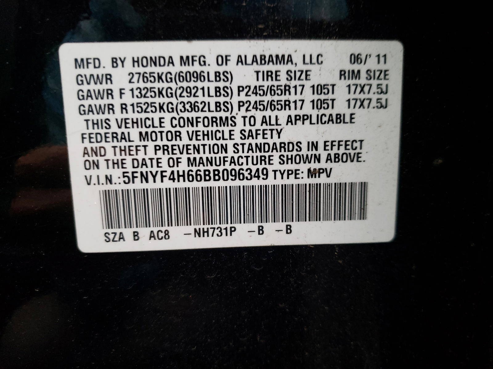 Photo 10 from auction – 2011 HONDA PILOT with VIN 5FNYF4H66BB096349