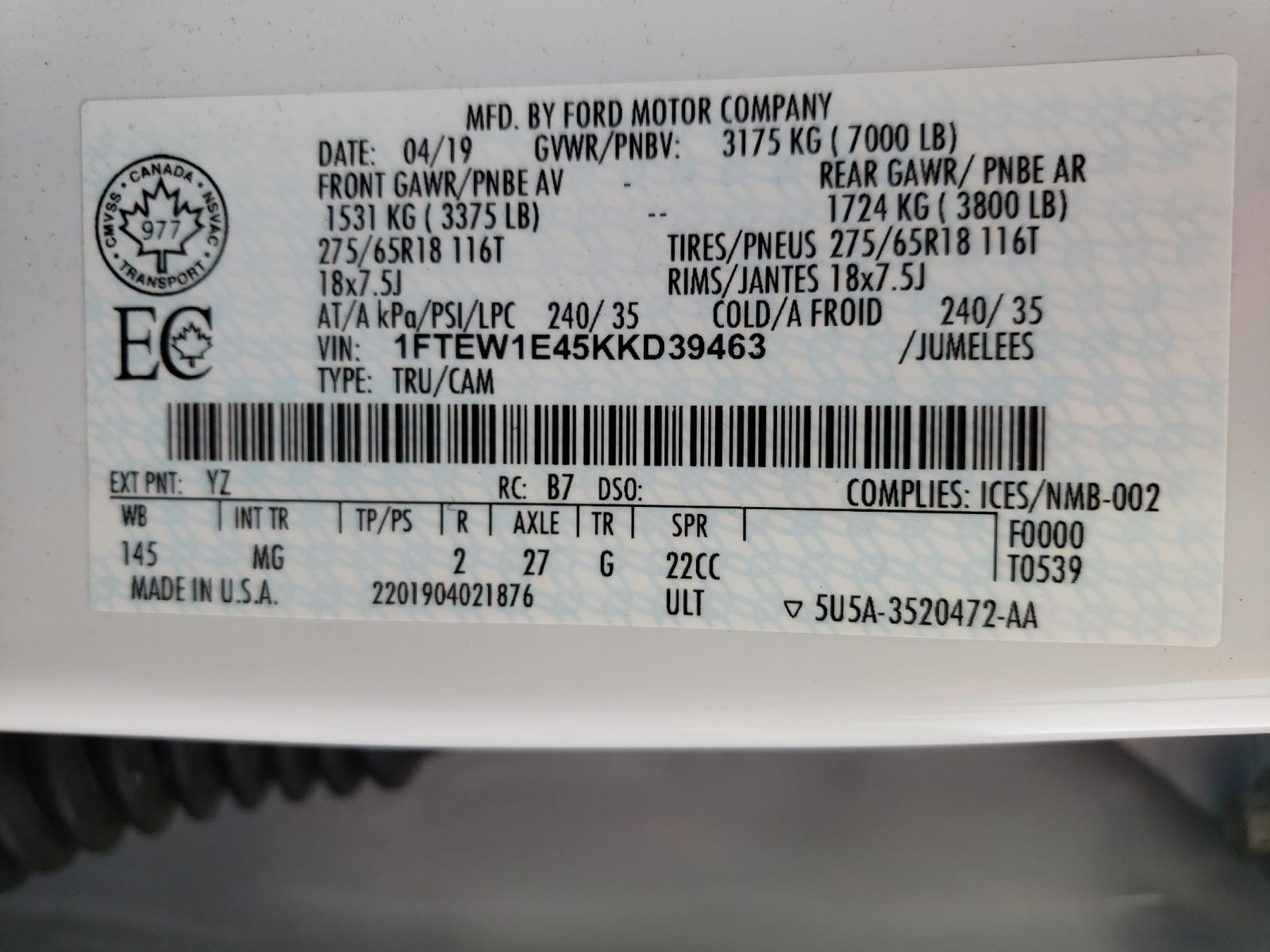 Photo 10 from auction – 2019 FORD F150 SUPER with VIN 1FTEW1E45KKD39463
