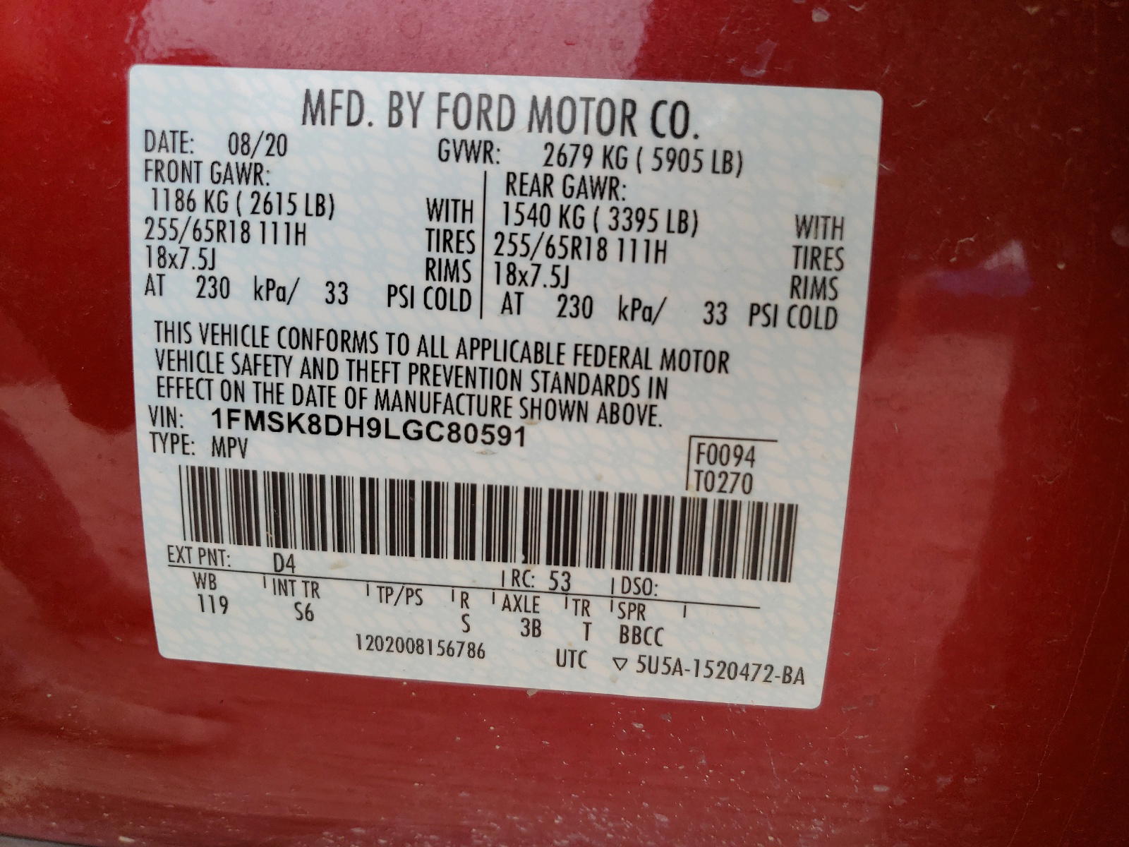 Photo 10 from auction – 2020 FORD EXPLORER X with VIN 1FMSK8DH9LGC80591