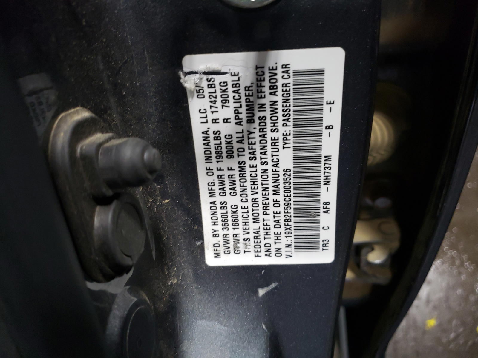 Photo 10 from auction – 2012 HONDA CIVIC LX with VIN 19XFB2F59CE003526