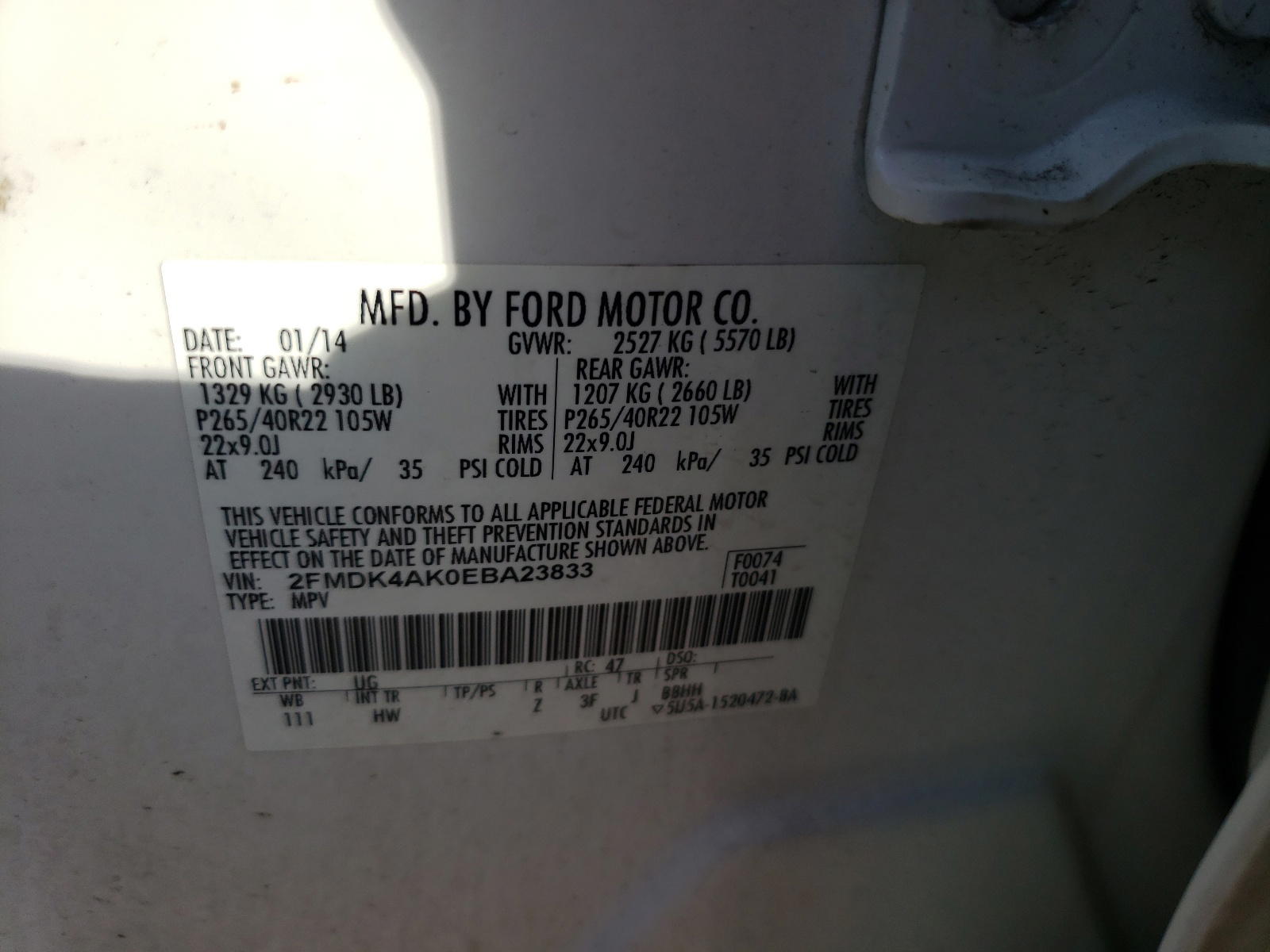 Photo 10 from auction – 2014 FORD EDGE SPORT with VIN 2FMDK4AK0EBA23833