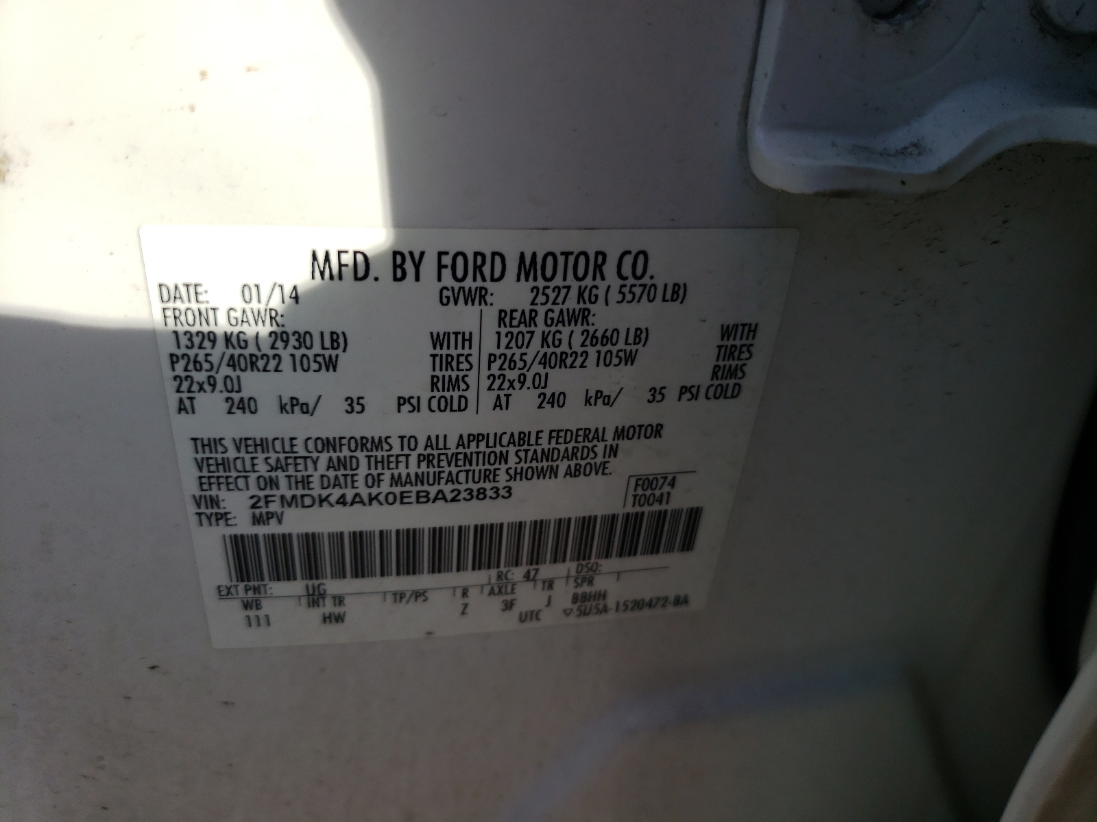Zdjęcie 10 z aukcji – 2014 FORD EDGE SPORT z VIN 2FMDK4AK0EBA23833