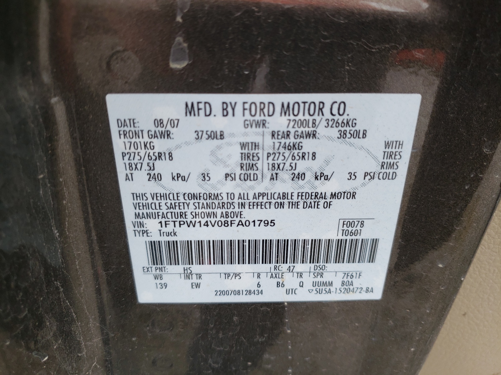 Photo 10 from auction – 2008 FORD F150 SUPER with VIN 1FTPW14V08FA01795