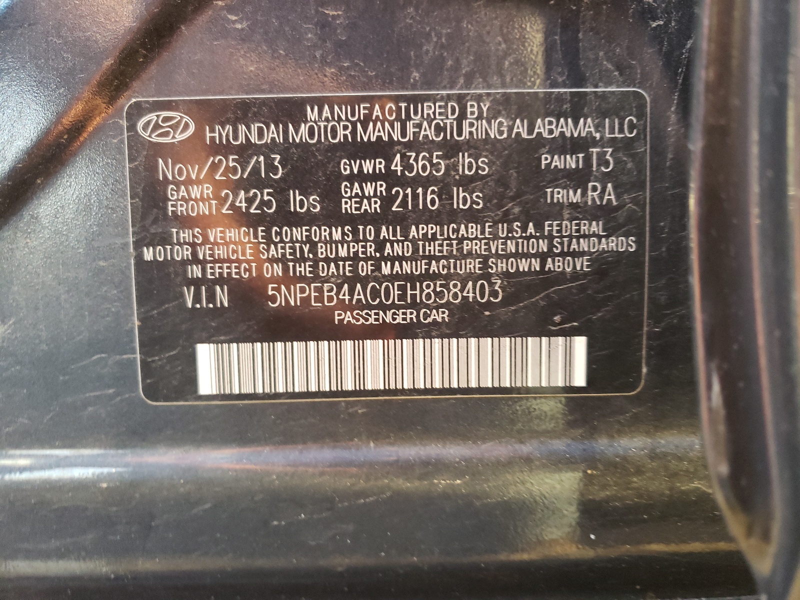 Photo 10 from auction – 2014 HYUNDAI SONATA GLS with VIN 5NPEB4AC0EH858403