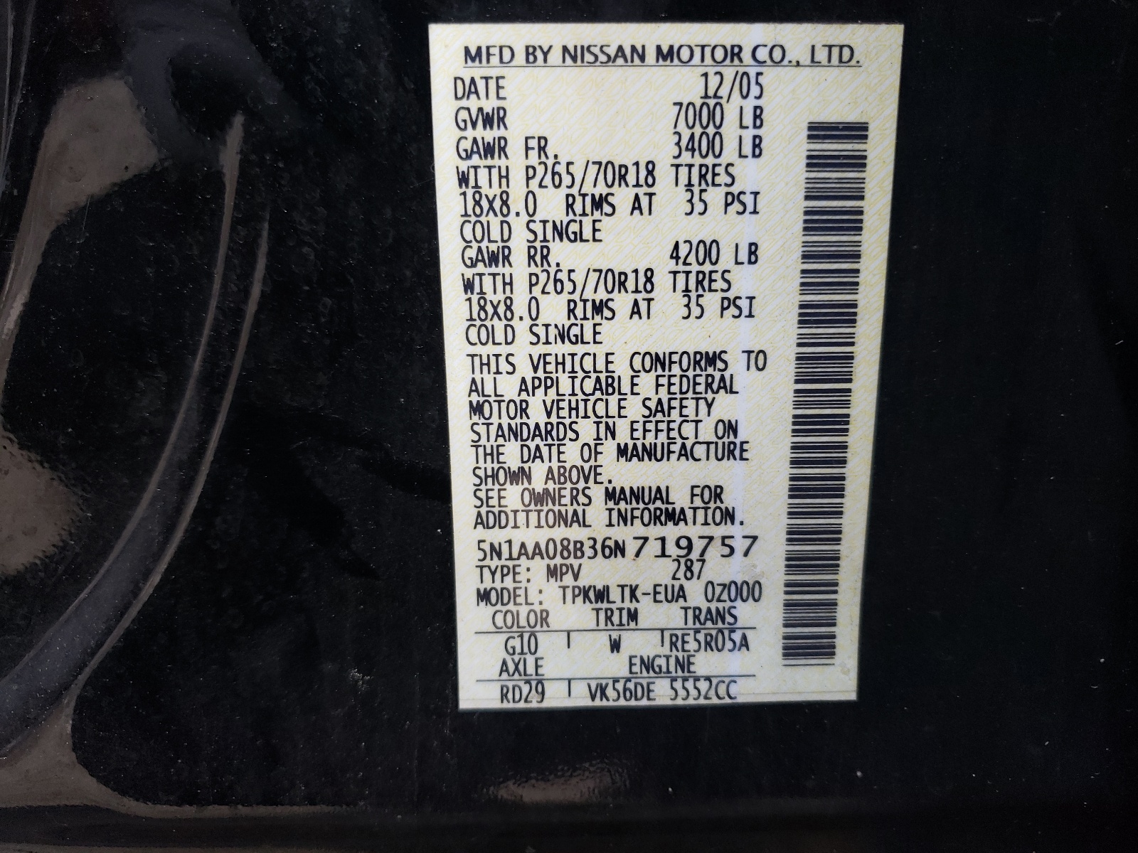 Photo 10 from auction – 2006 NISSAN ARMADA SE with VIN 5N1AA08B36N719757