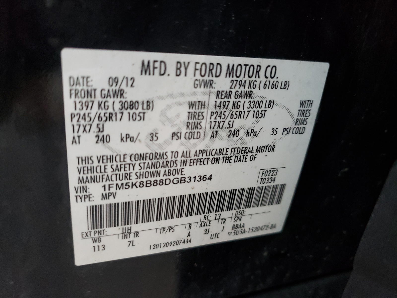 Photo 11 from auction – 2013 FORD EXPLORER with VIN 1FM5K8B88DGB31364