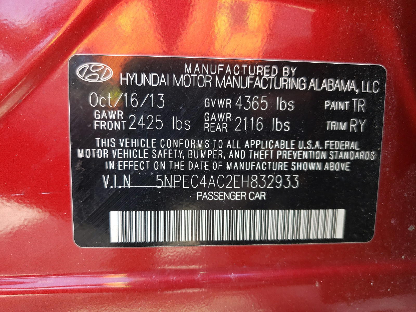 Photo 10 from auction – 2014 HYUNDAI SONATA SE with VIN 5NPEC4AC2EH832933