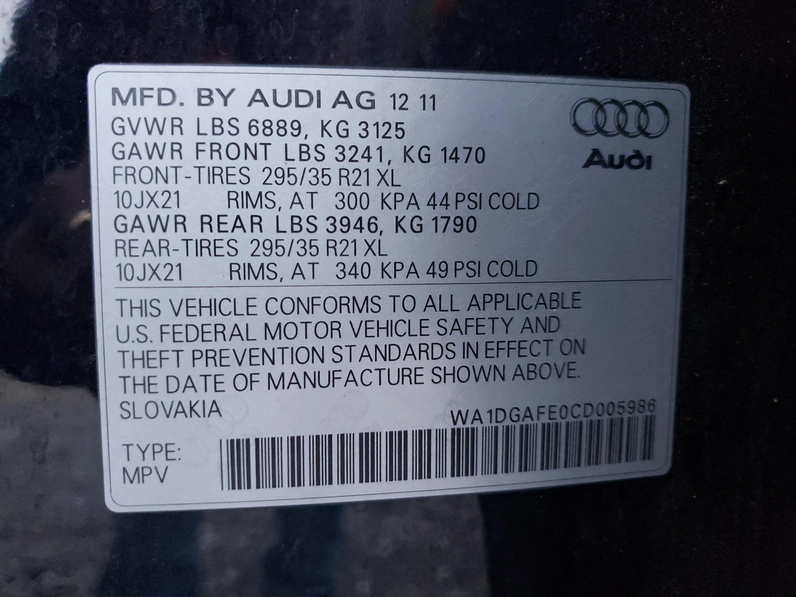Photo 10 from auction – 2012 AUDI Q7 PRESTIG with VIN WA1DGAFE0CD005986
