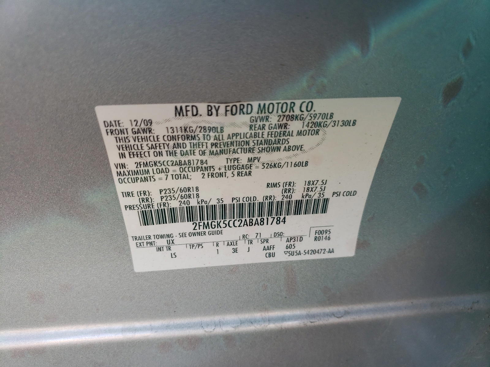 Photo 10 from auction – 2010 FORD FLEX SEL with VIN 2FMGK5CC2ABA81784