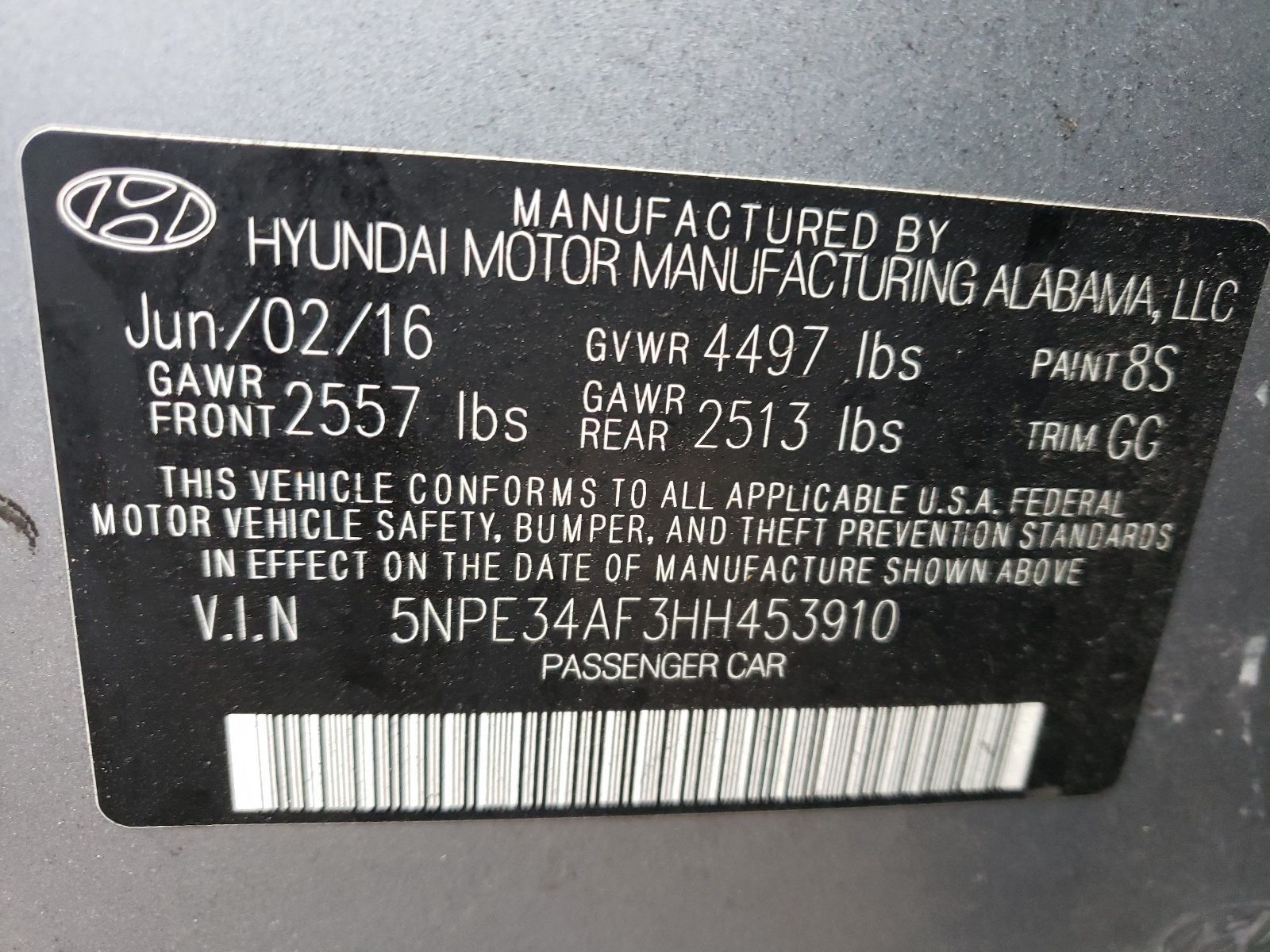Photo 10 from auction – 2017 HYUNDAI SONATA SPO with VIN 5NPE34AF3HH453910